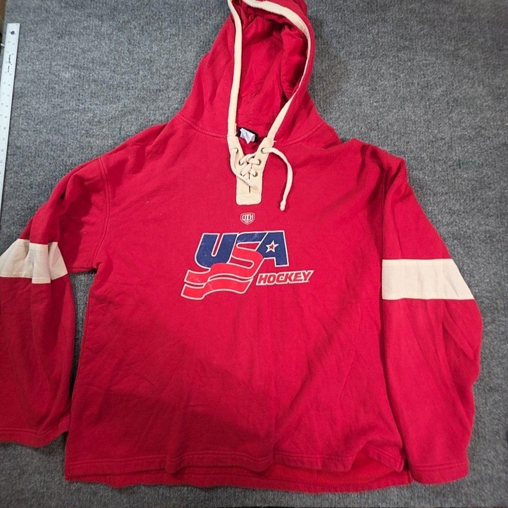 USA Hockey Hoodie Mens XL Red Old Time Hockey Lace Up Parise 9 Sweatshirt